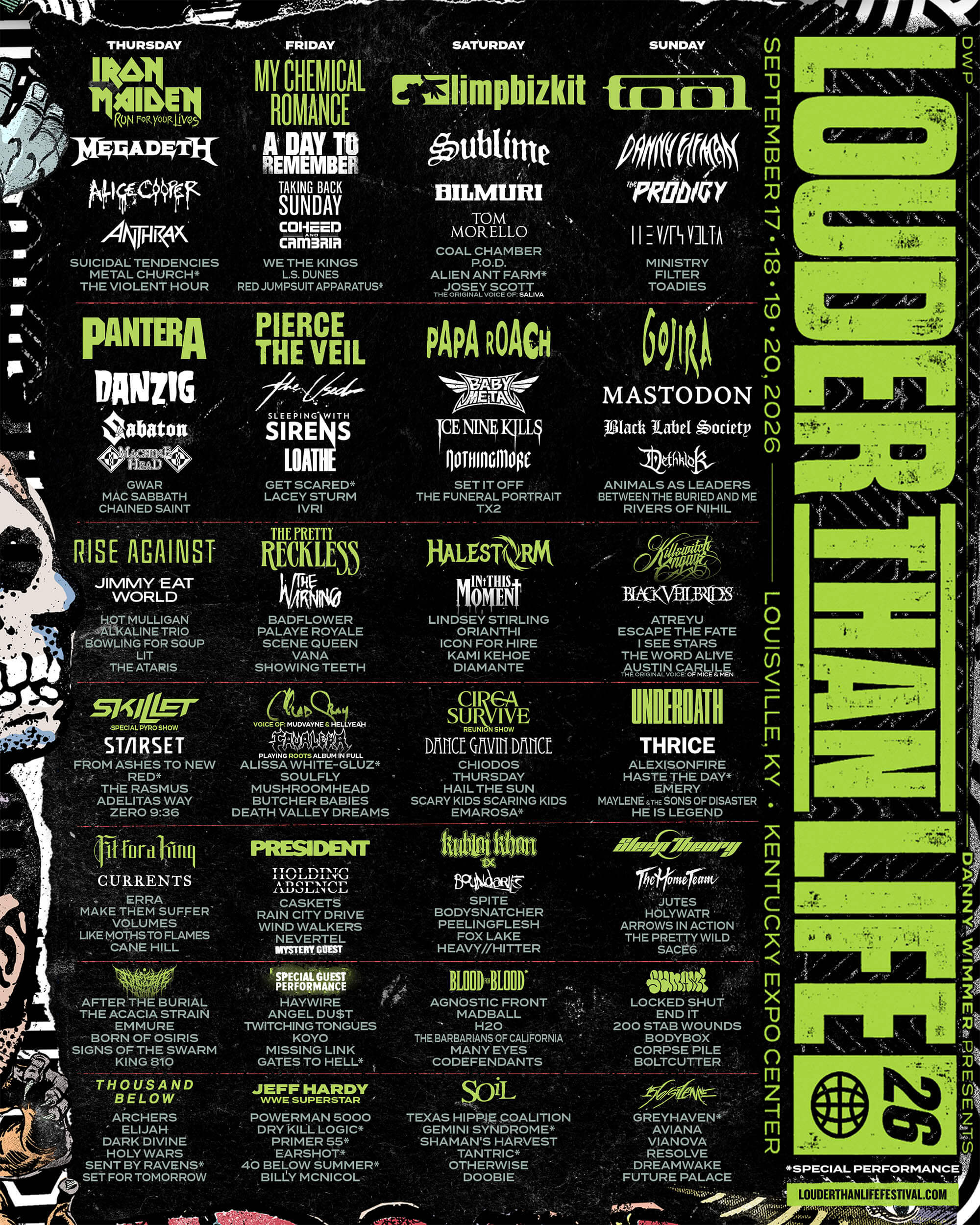 Louder Than Life 2026 lineup poster — Iron Maiden, My Chemical Romance, Limp Bizkit, Tool headlining